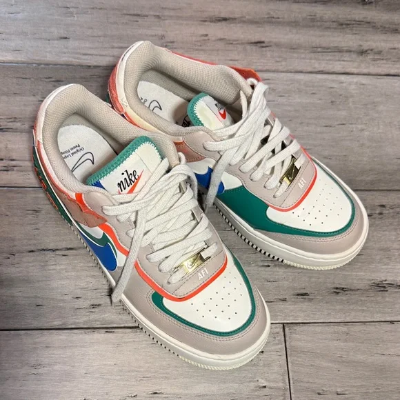 Nike Women Air Force 1 Low Sneakers - White, Green, Orange - Picture 9 of 12